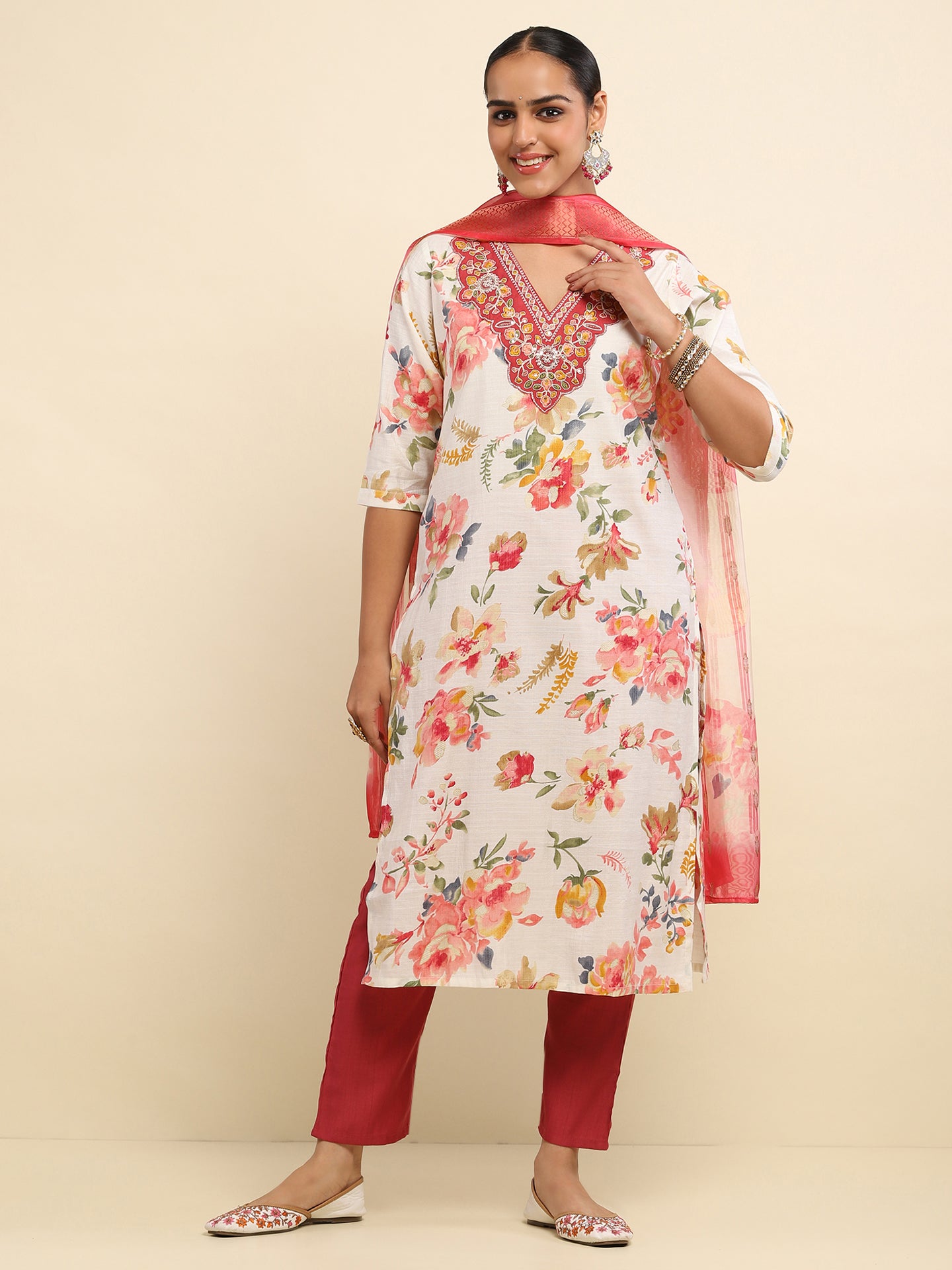 Cotton Embroidered Printed Women's 3 PC Long Kurta Set- White