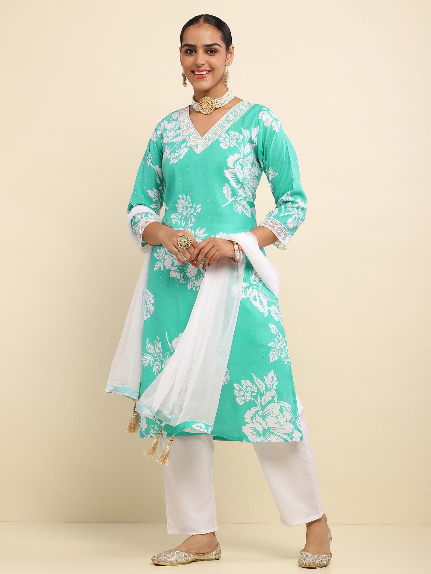 Cotton Embroidered Printed Women's 3 PC Long Kurta Set- Turquoise Blue