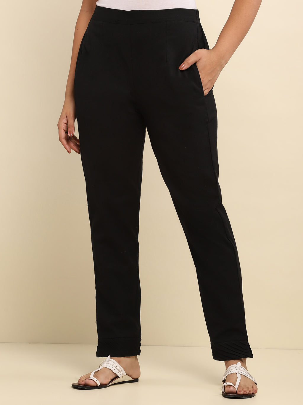 Cotton Pintex Solid Women's Pant - Black