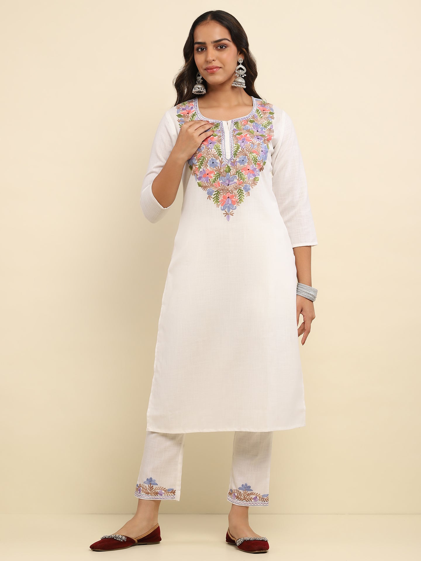 Aari Embroidered Cotton Solid Women's 2 PC Long Kurta Set- White
