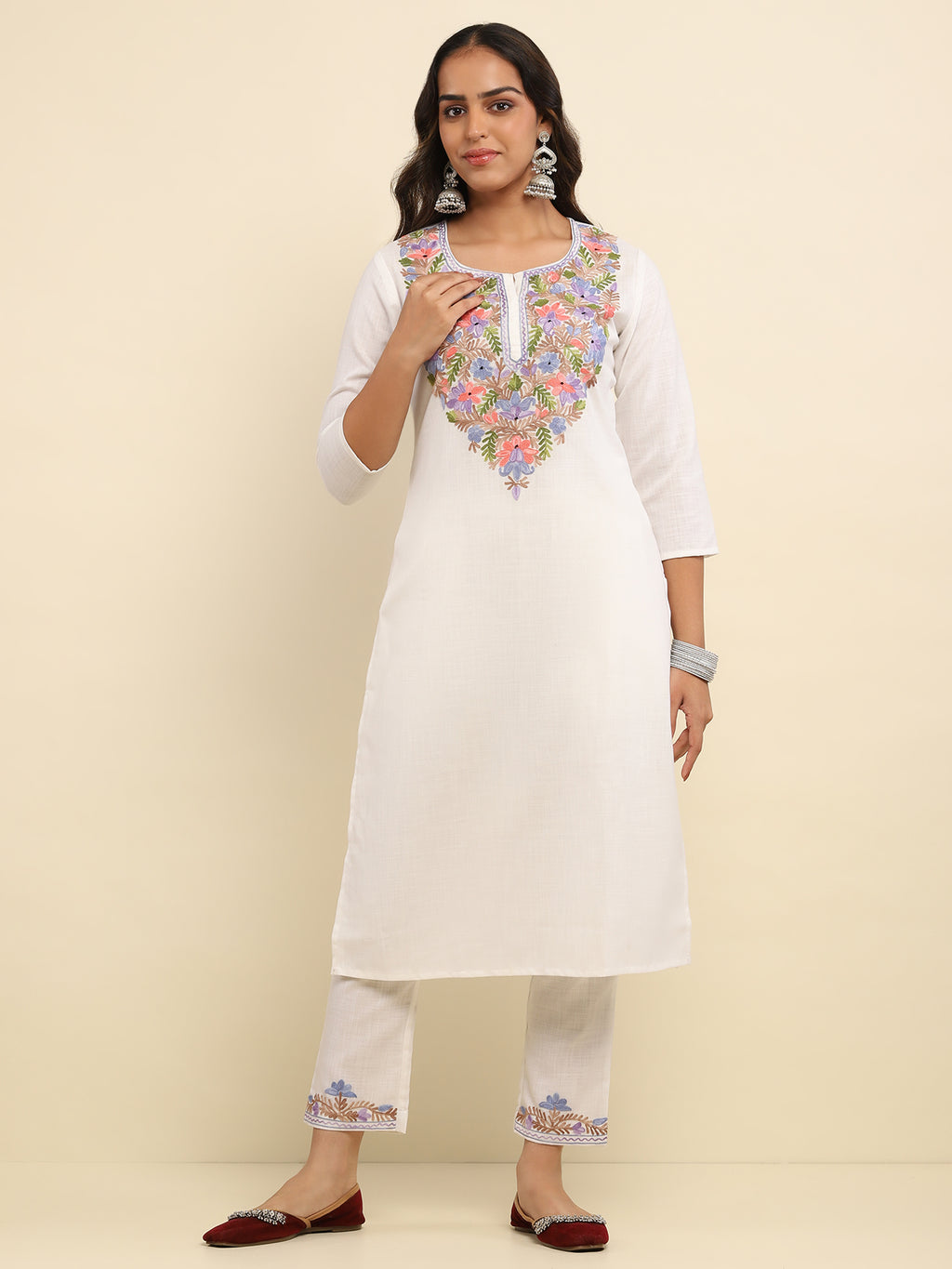 Aari Embroidered Cotton Solid Women's 2 PC Long Kurta Set- White