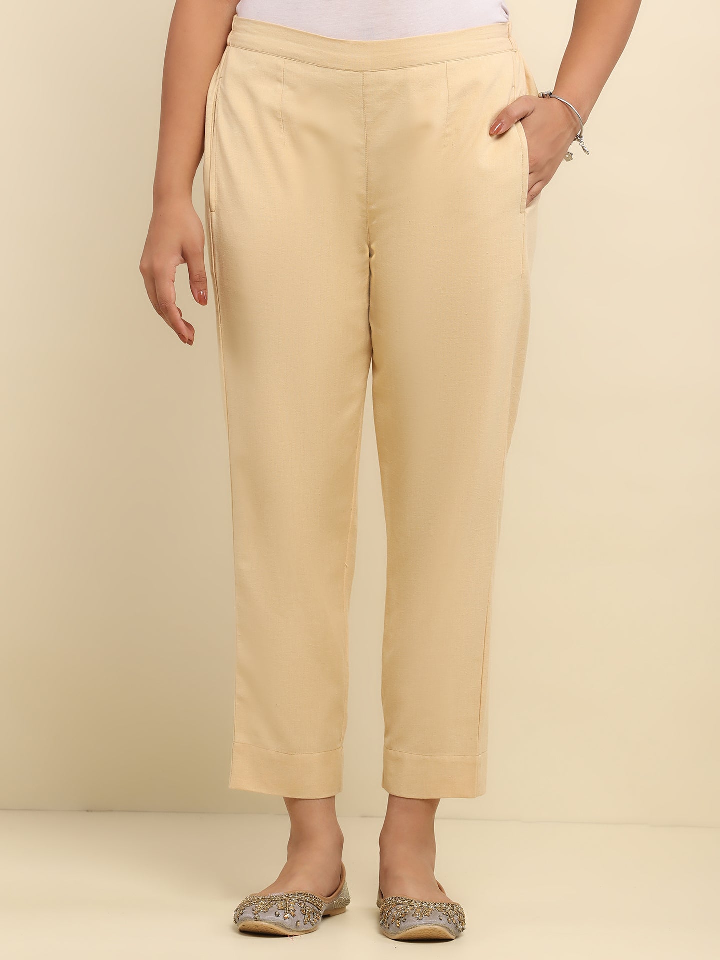 Cotton Solid Women's Pant - Beige