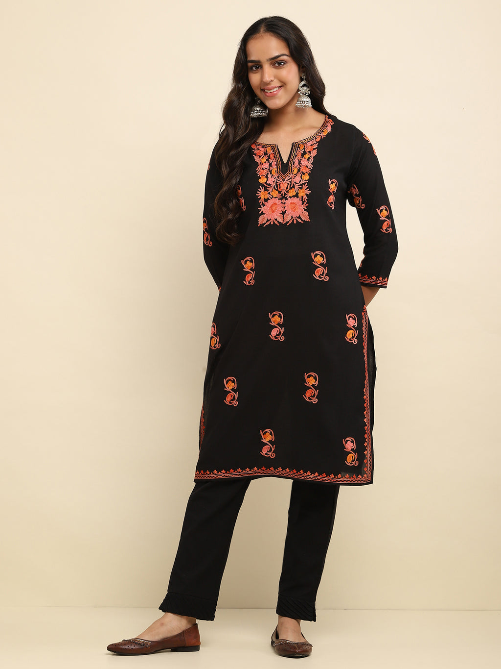 Aari Embroidered Cotton Solid Women's Long Kurta - Black