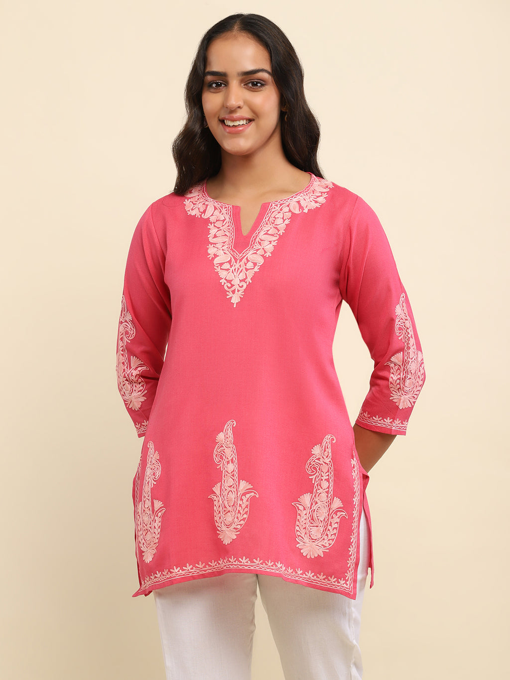 Aari Embroidered Cotton Solid Women's Short Kurta - Pink