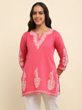 Aari Embroidered Cotton Solid Women's Short Kurta - Pink