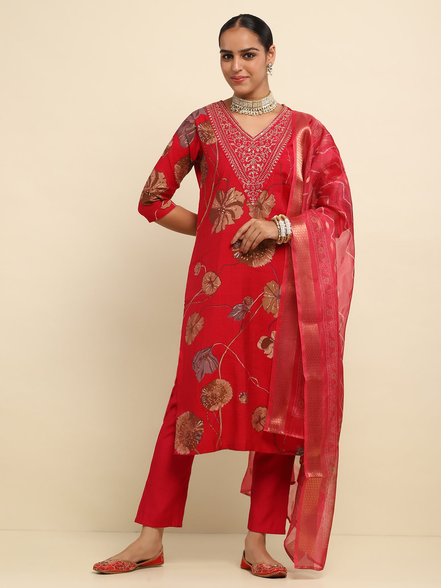 Cotton Embroidered Printed Women's 3 PC Long Kurta Set- Red