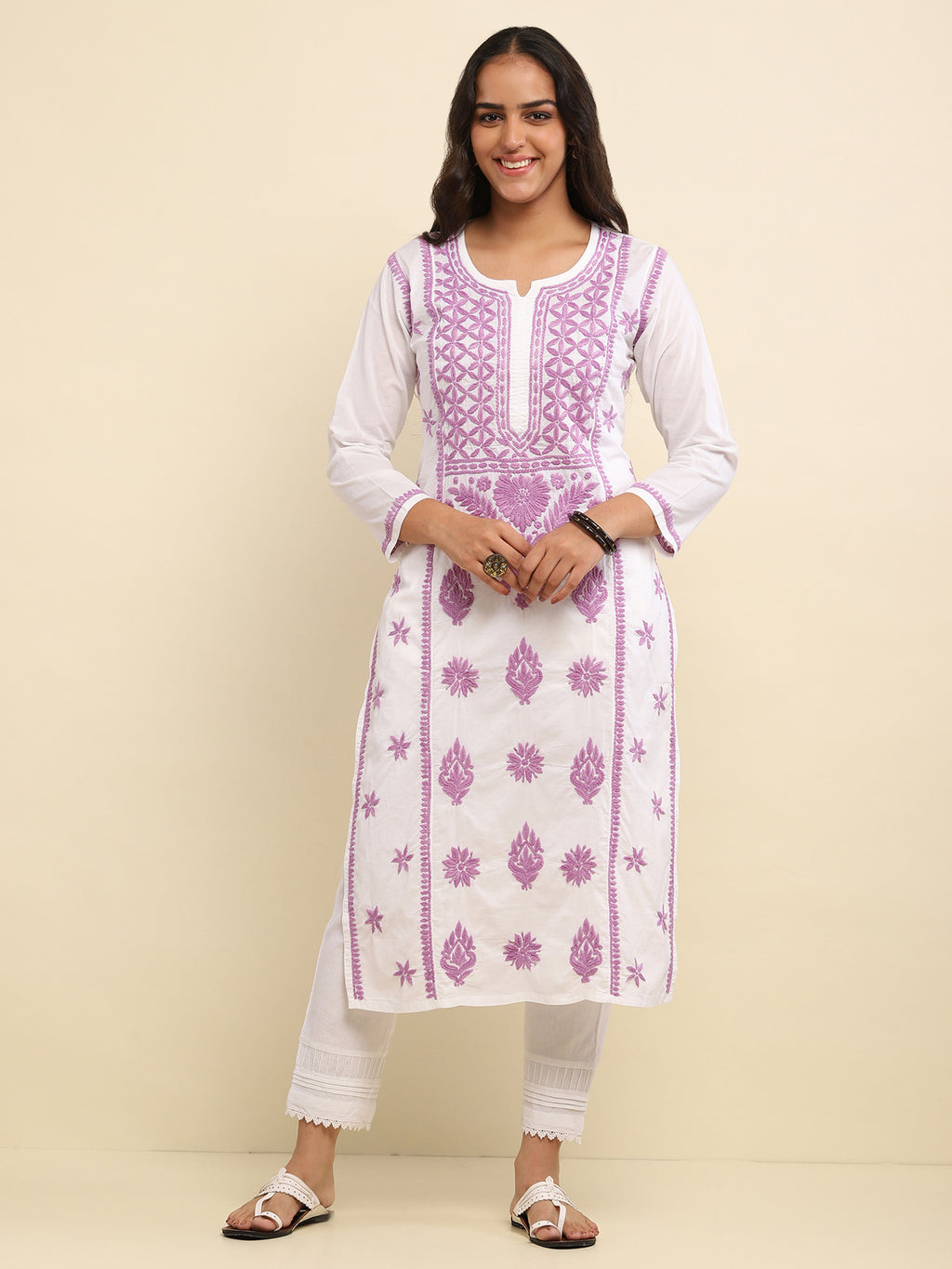 Kashmiri Aari Work Cotton Kurta Set - Lilac
