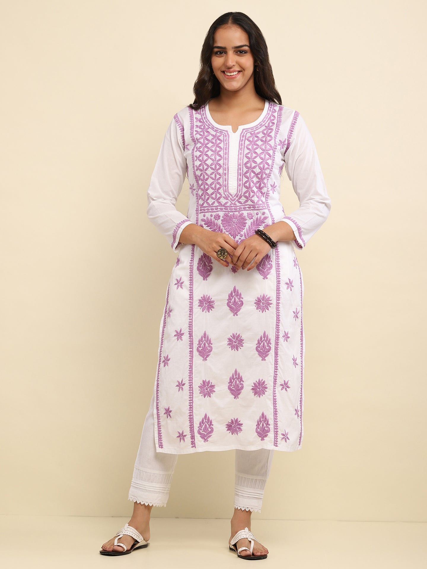 Kashmiri Aari Work Cotton Kurta Set - Lilac