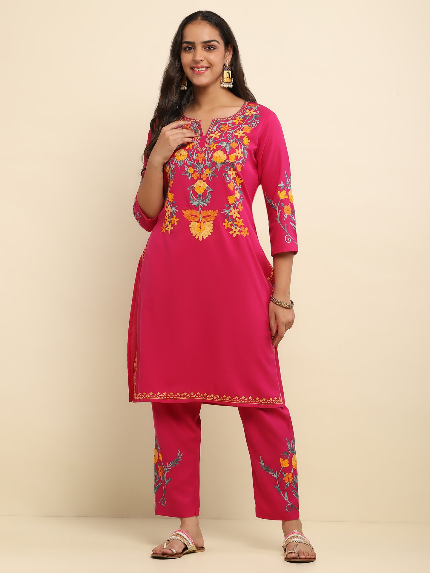 Aari Embroidered Cotton Solid Women's 2 PC Long Kurta Set- Fuchsia