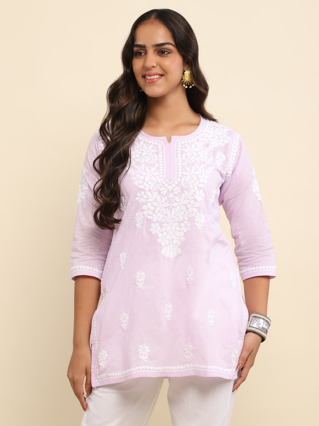 Cotton Chikankari Solid Women's Short Kurta- Lavender