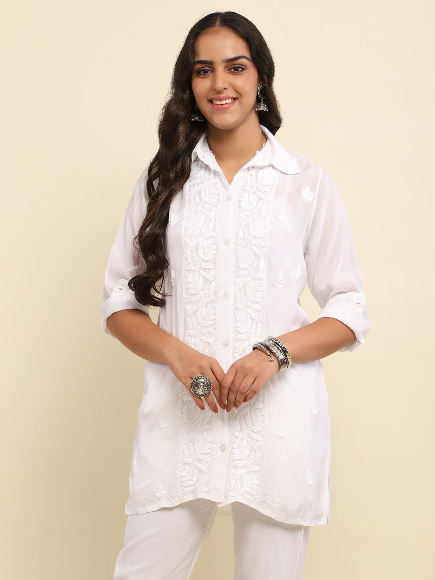 Muslin Chikankari Solid Women's Shirt- White