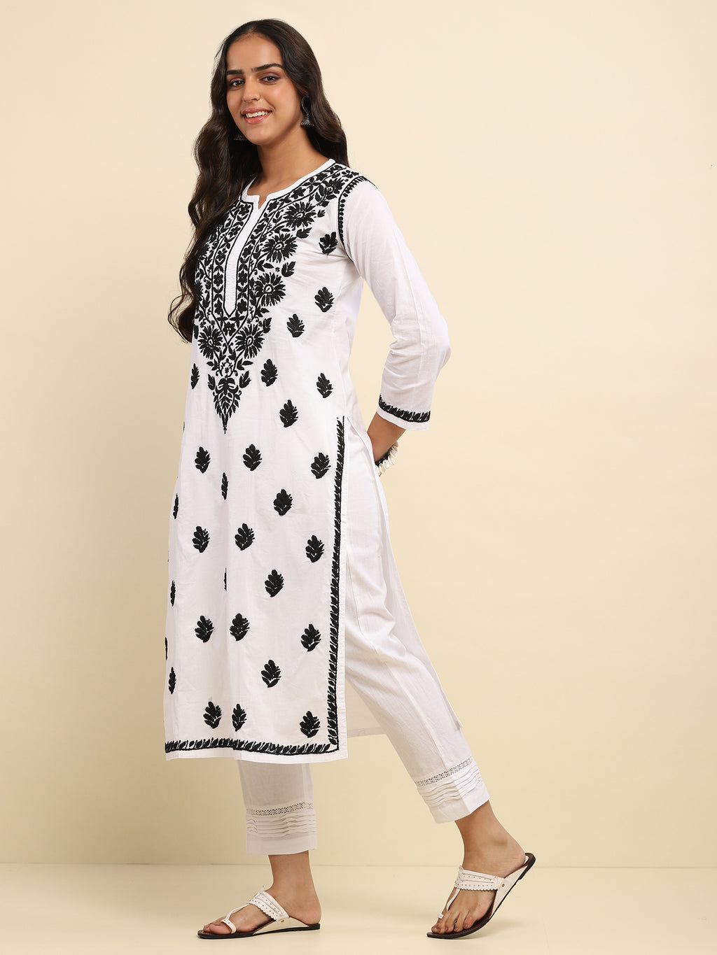 Cotton Chikankari Solid Women's Long Kurta- White