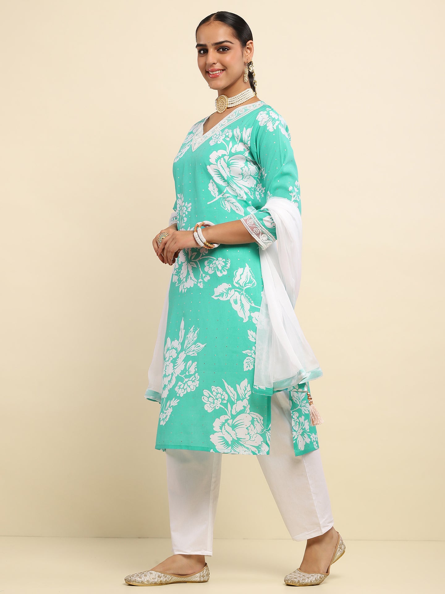 Kashmiri Aari Work Cotton Kurta with Farsi Pant - Bright teal