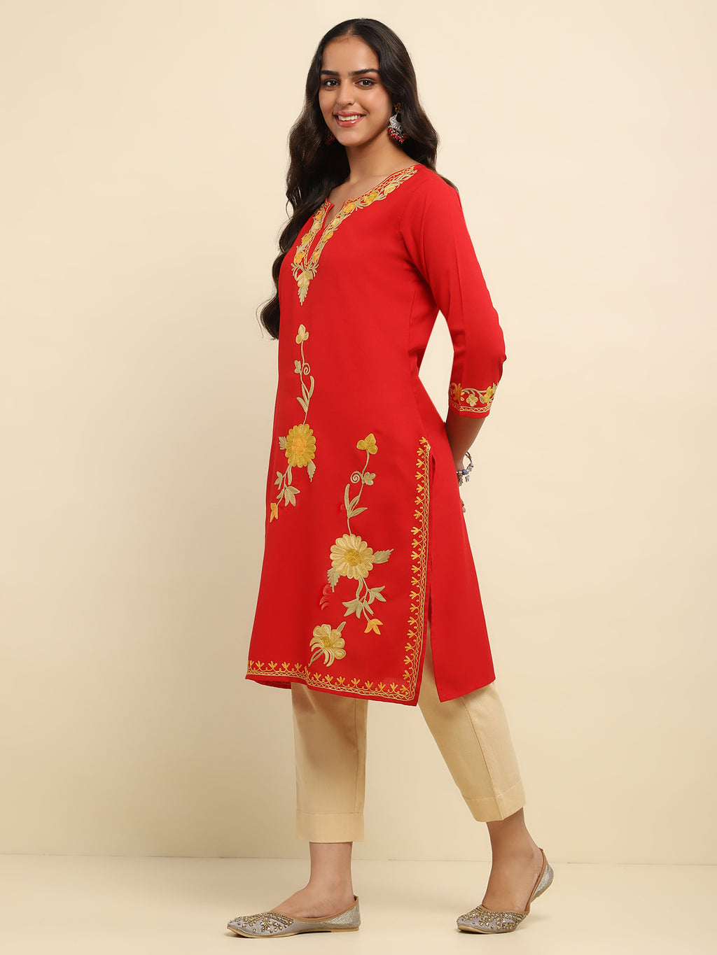 Aari Embroidered Cotton Solid Women's Long Kurta- Red