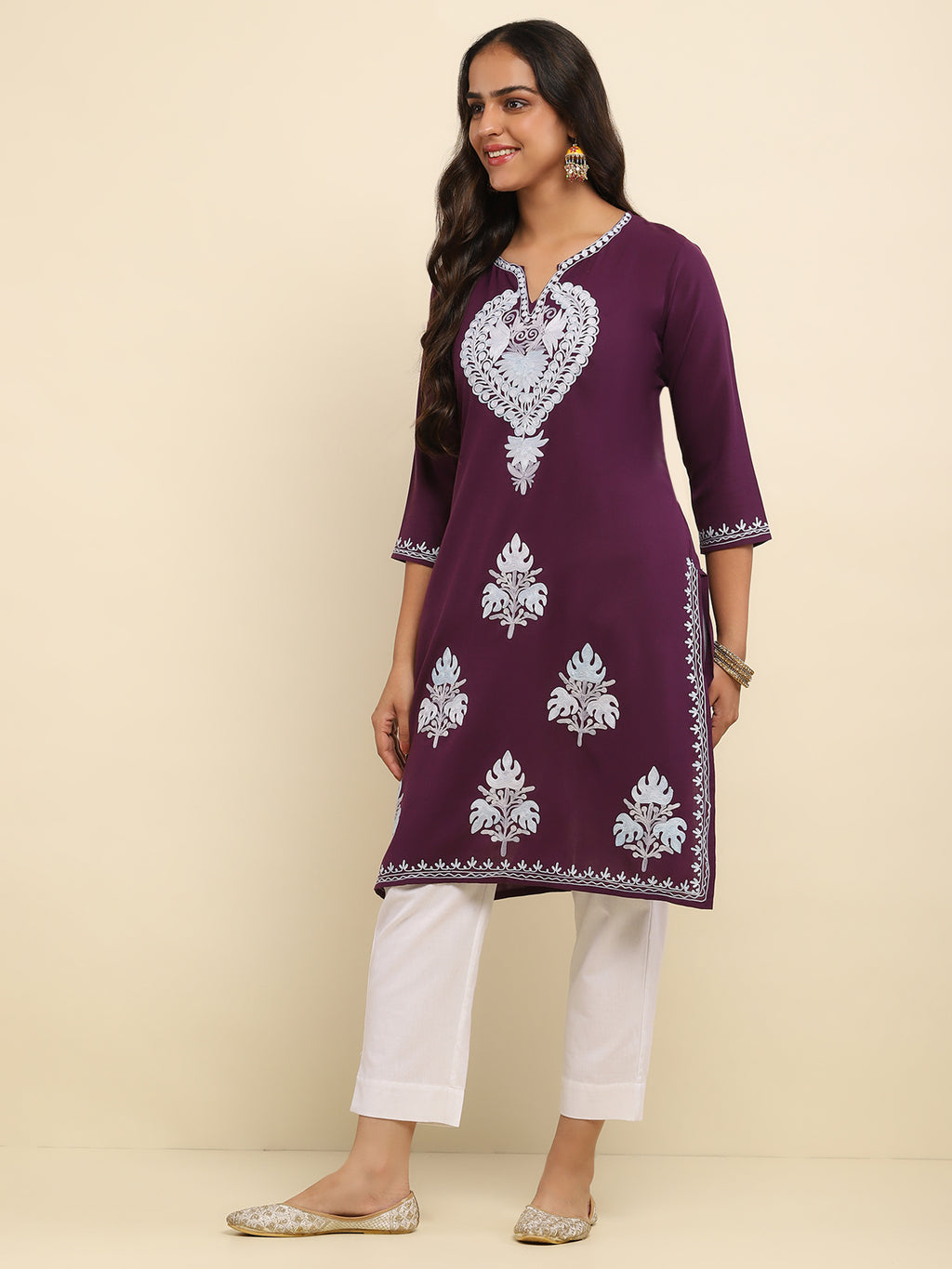 Aari Embroidered Cotton Solid Women's Long Kurta- Purple