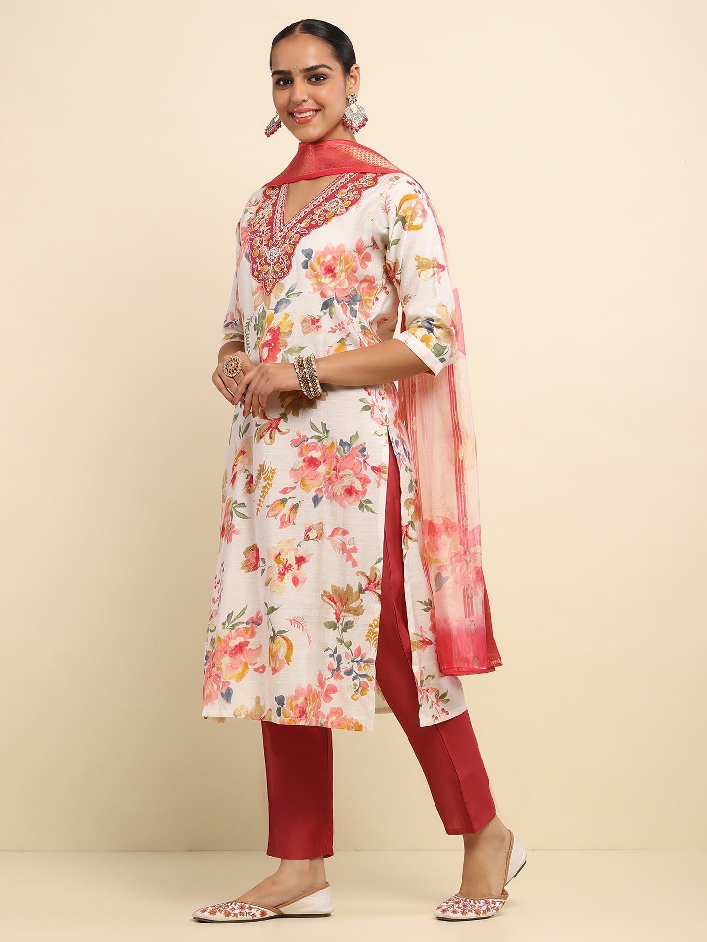 Cotton Embroidered Printed Women's 3 PC Long Kurta Set- White