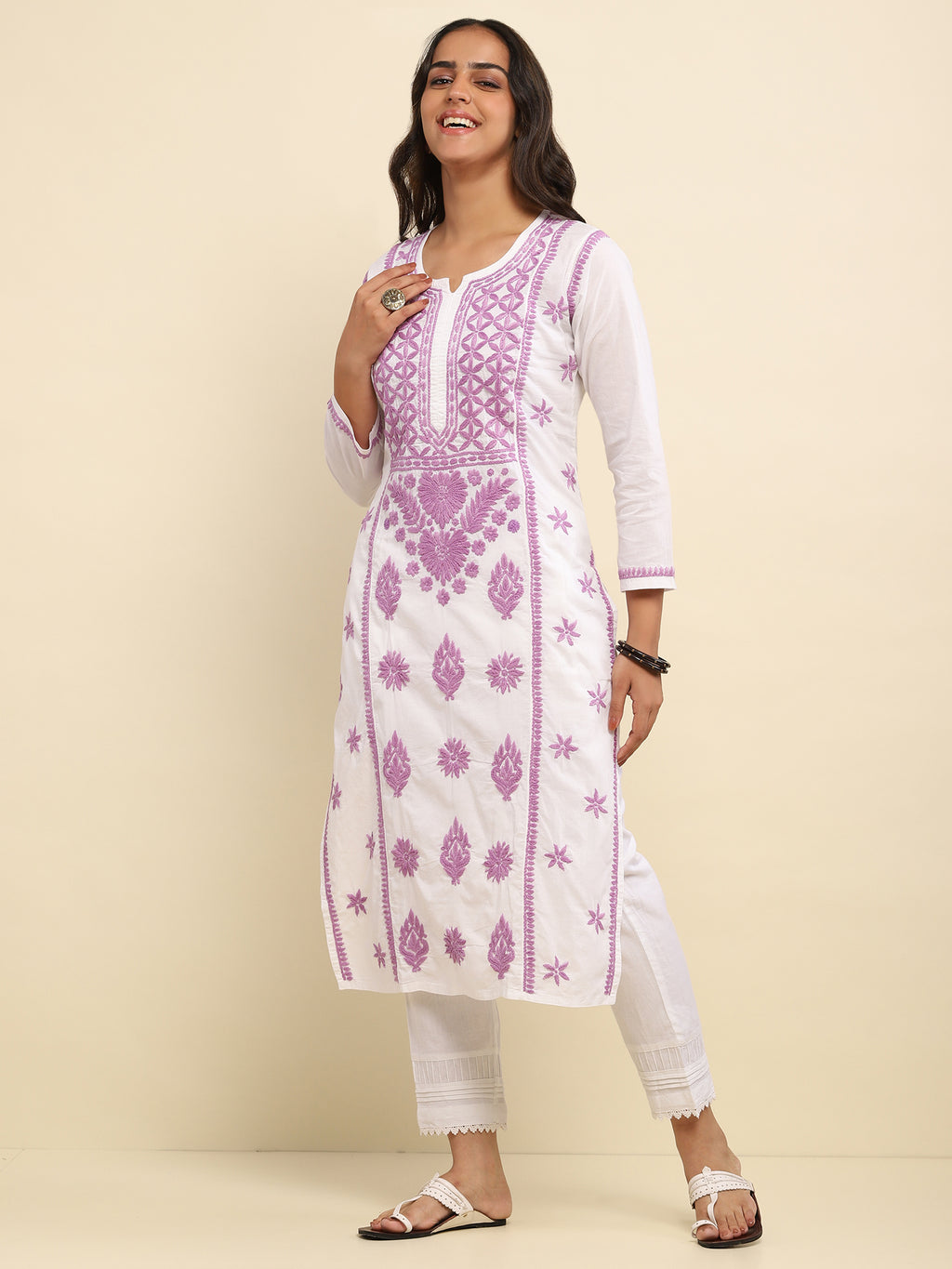 Kashmiri Aari Work Cotton Kurta Set - Lilac