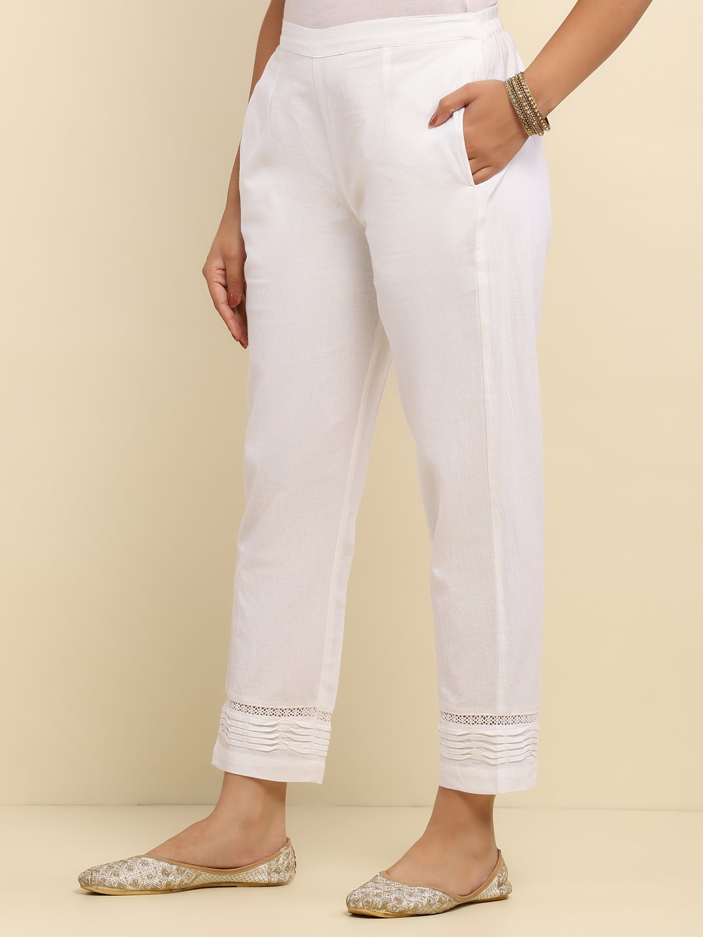 Cotton Satna Pintex Solid Women's Pant With Lace-White