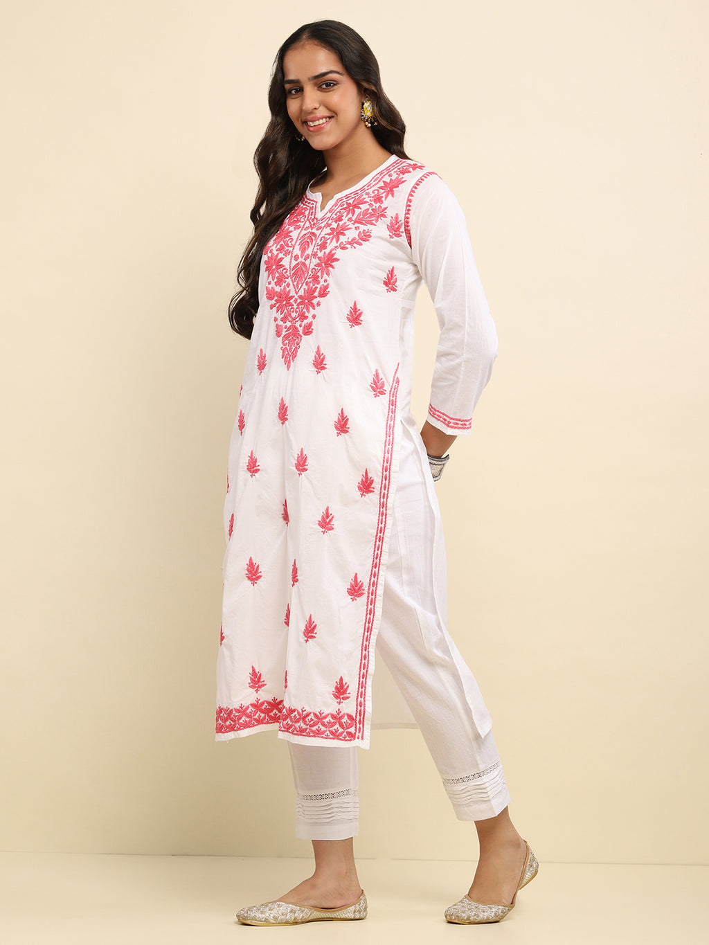 Cotton Chikankari Solid Women's Long Kurta- White
