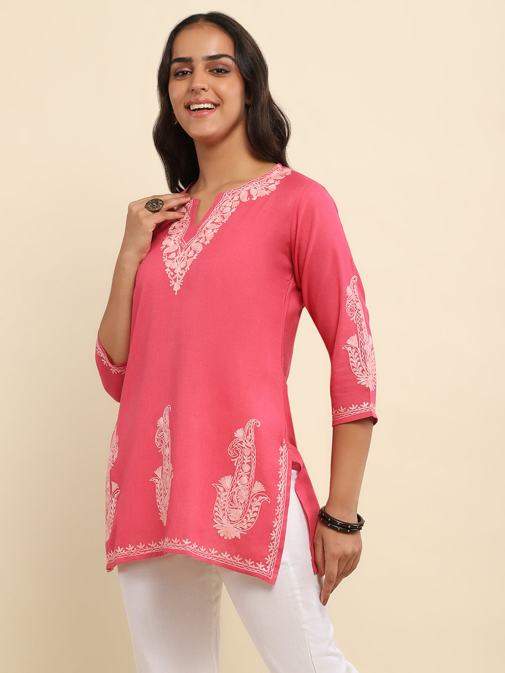 Aari Embroidered Cotton Solid Women's Short Kurta - Pink