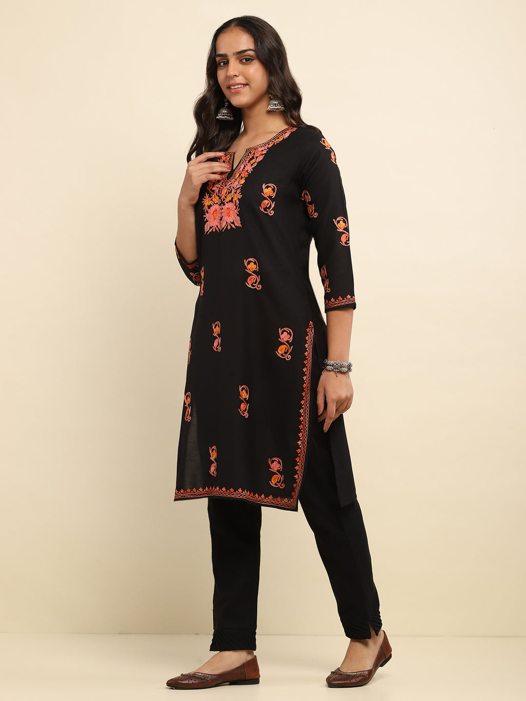 Aari Embroidered Cotton Solid Women's Long Kurta - Black
