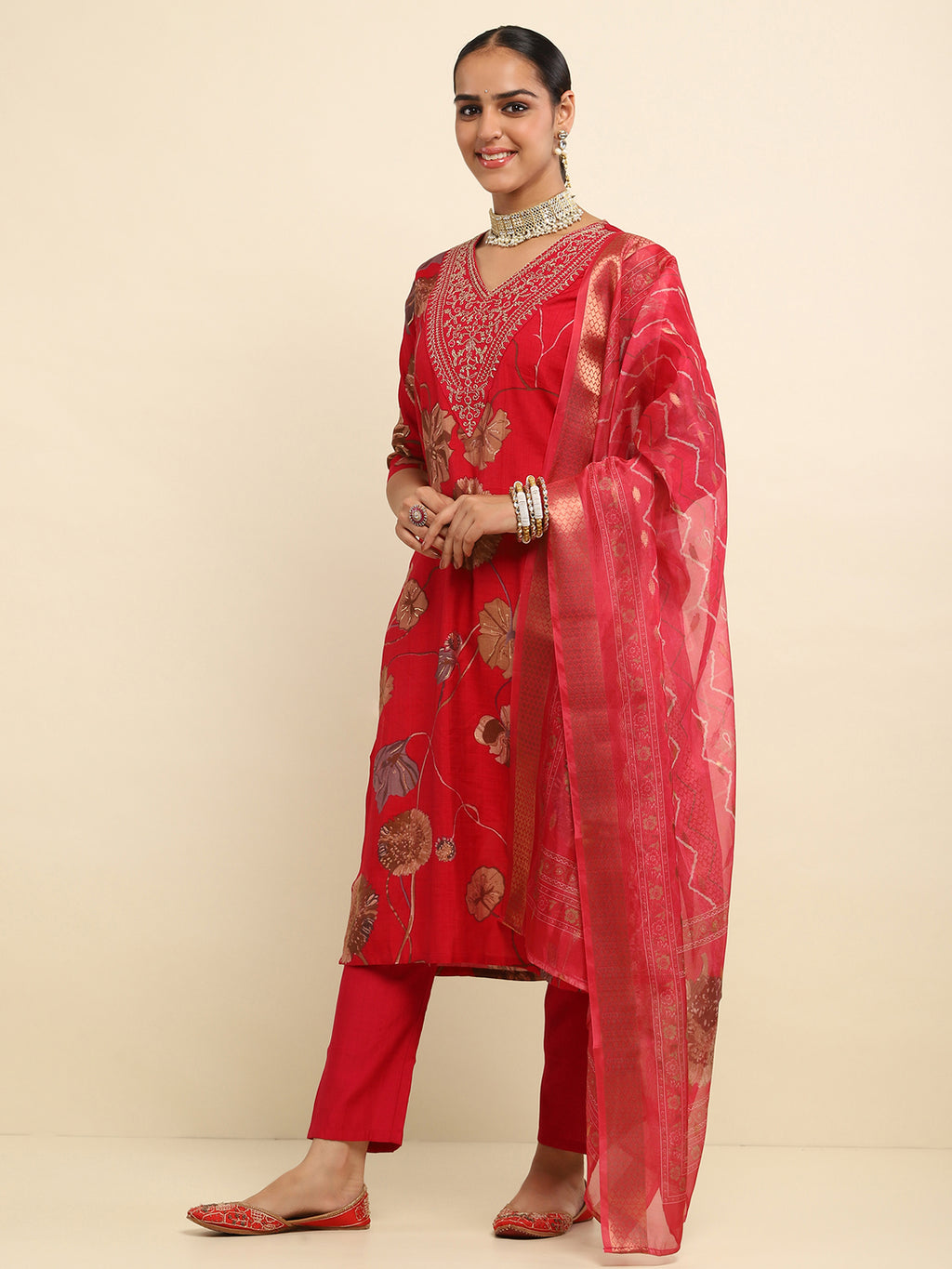Cotton Embroidered Printed Women's 3 PC Long Kurta Set- Red