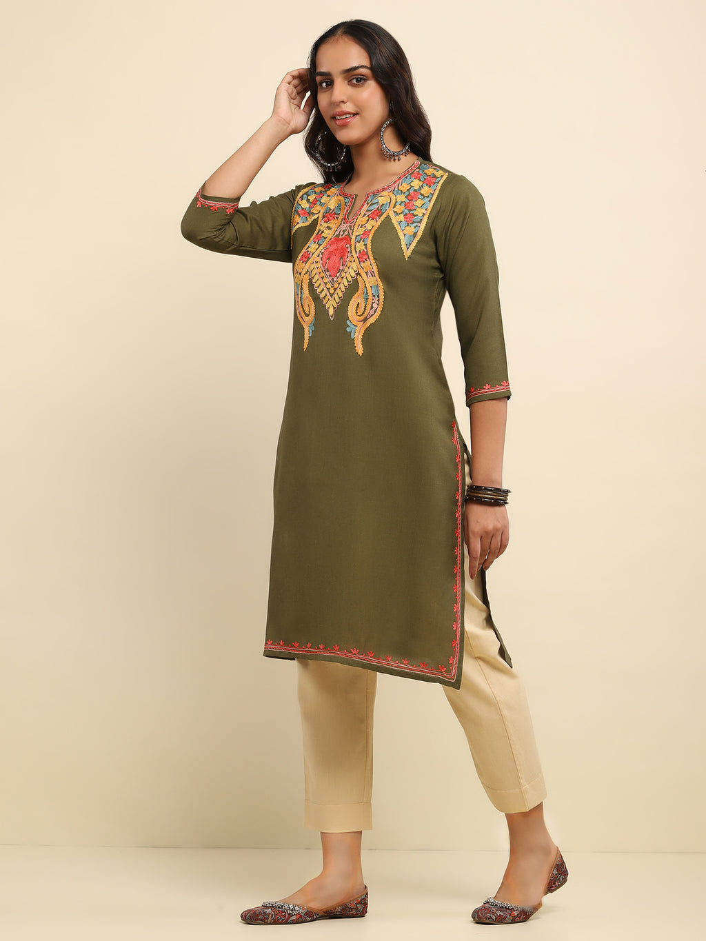 Aari Embroidered Cotton Solid Women's Long Kurta- Olive Green