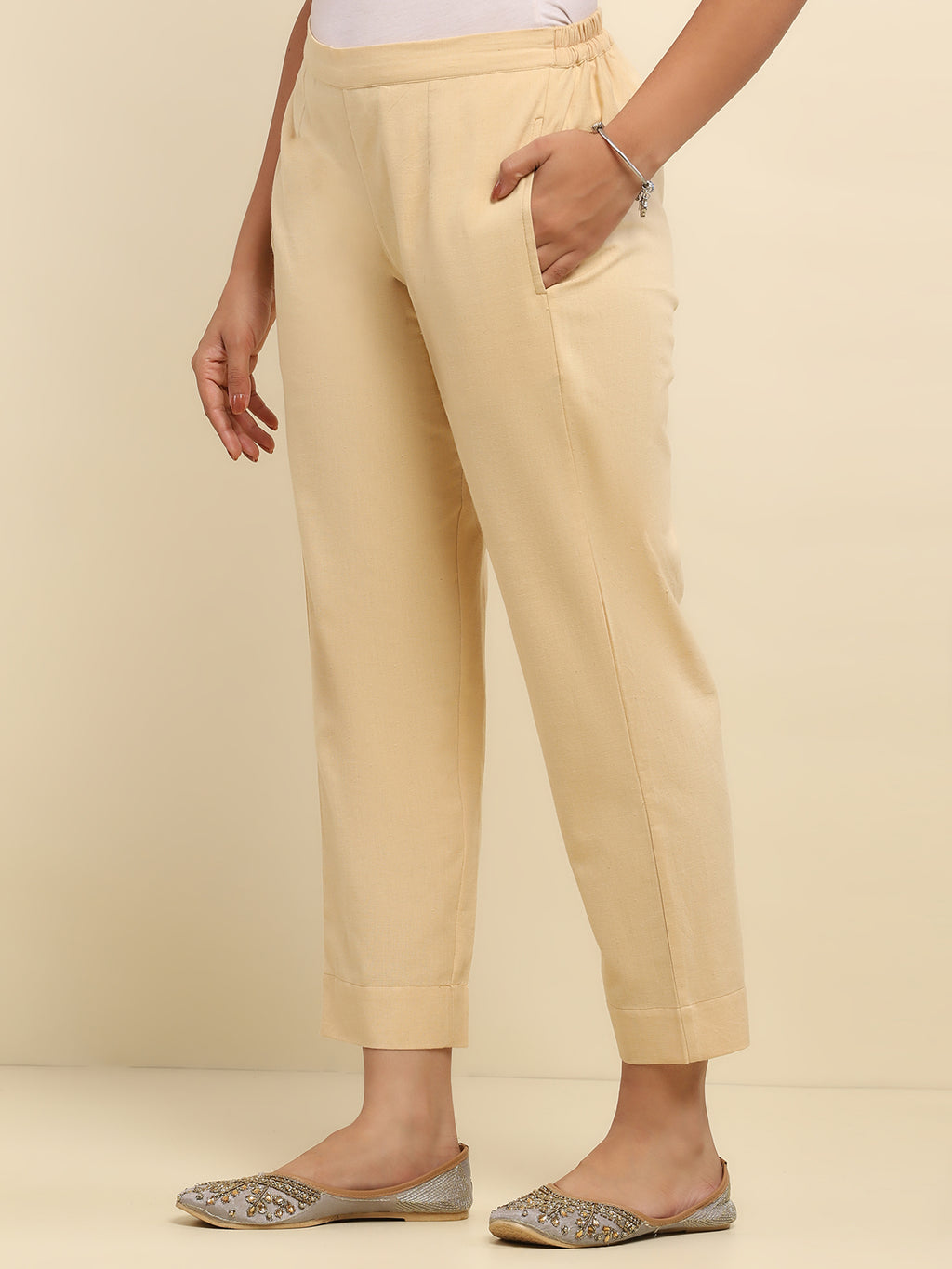 Cotton Solid Women's Pant - Beige