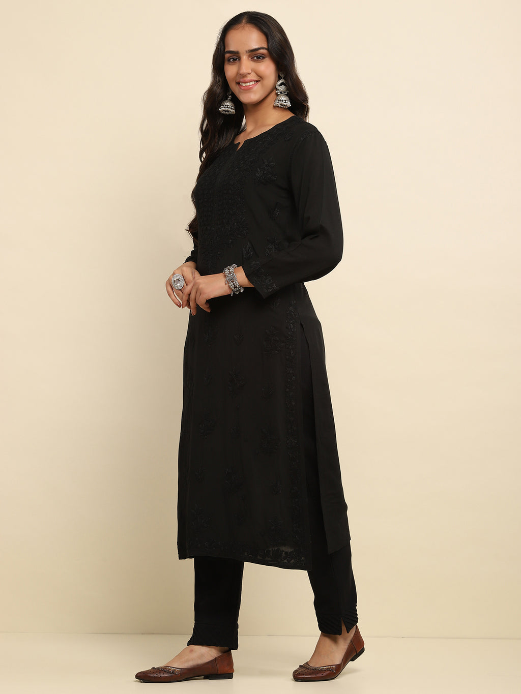 Rayon Chikankari Solid Women's Long Kurta- Black
