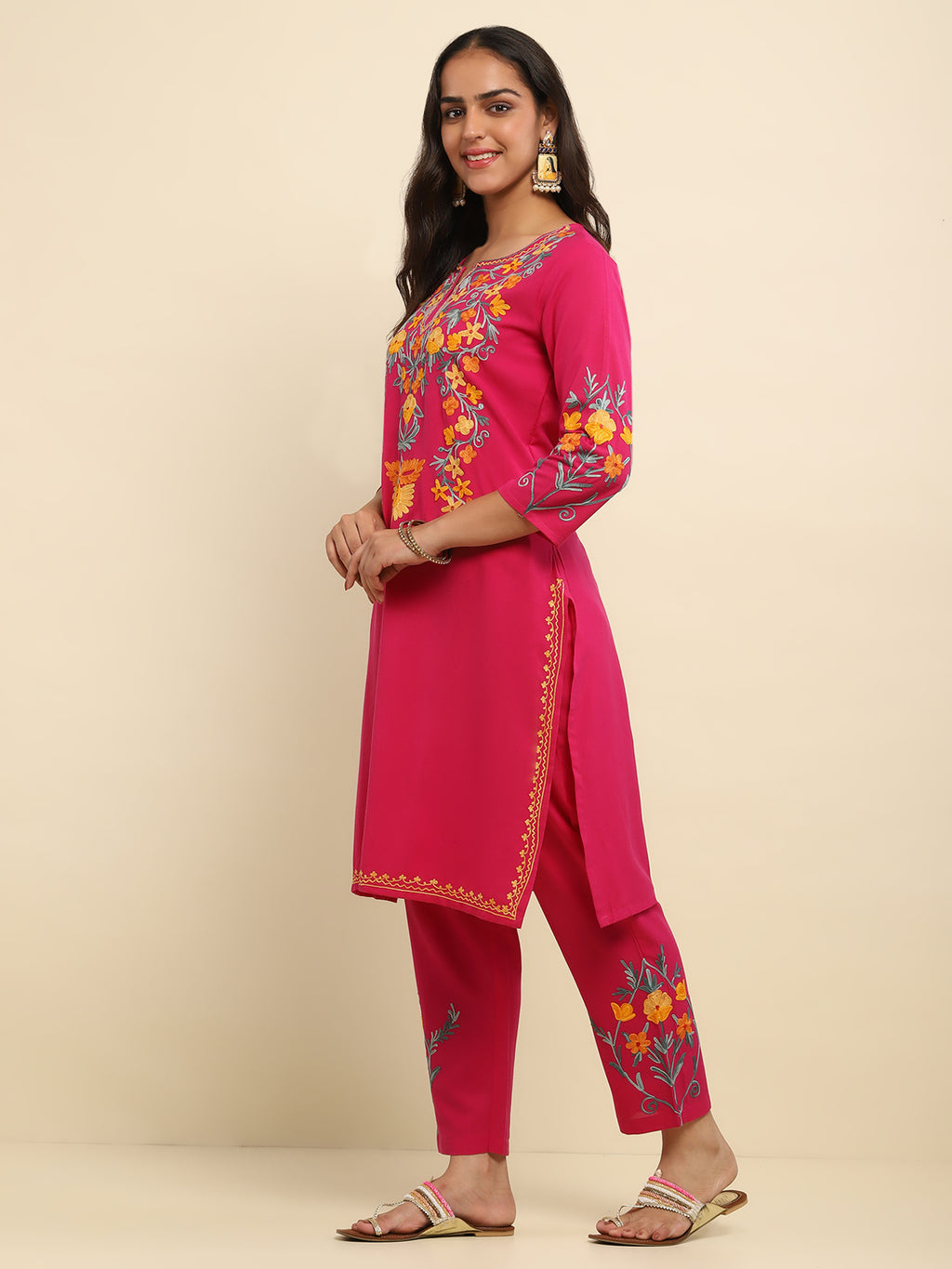 Aari Embroidered Cotton Solid Women's 2 PC Long Kurta Set- Fuchsia