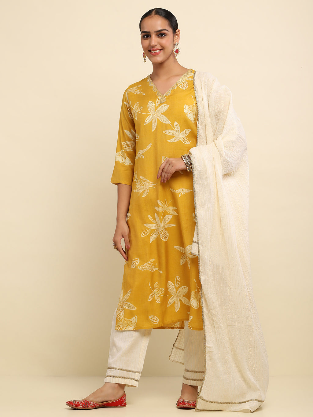 Cotton Embroidered Printed Women's 3 PC Long Kurta Set- Mustard Yellow