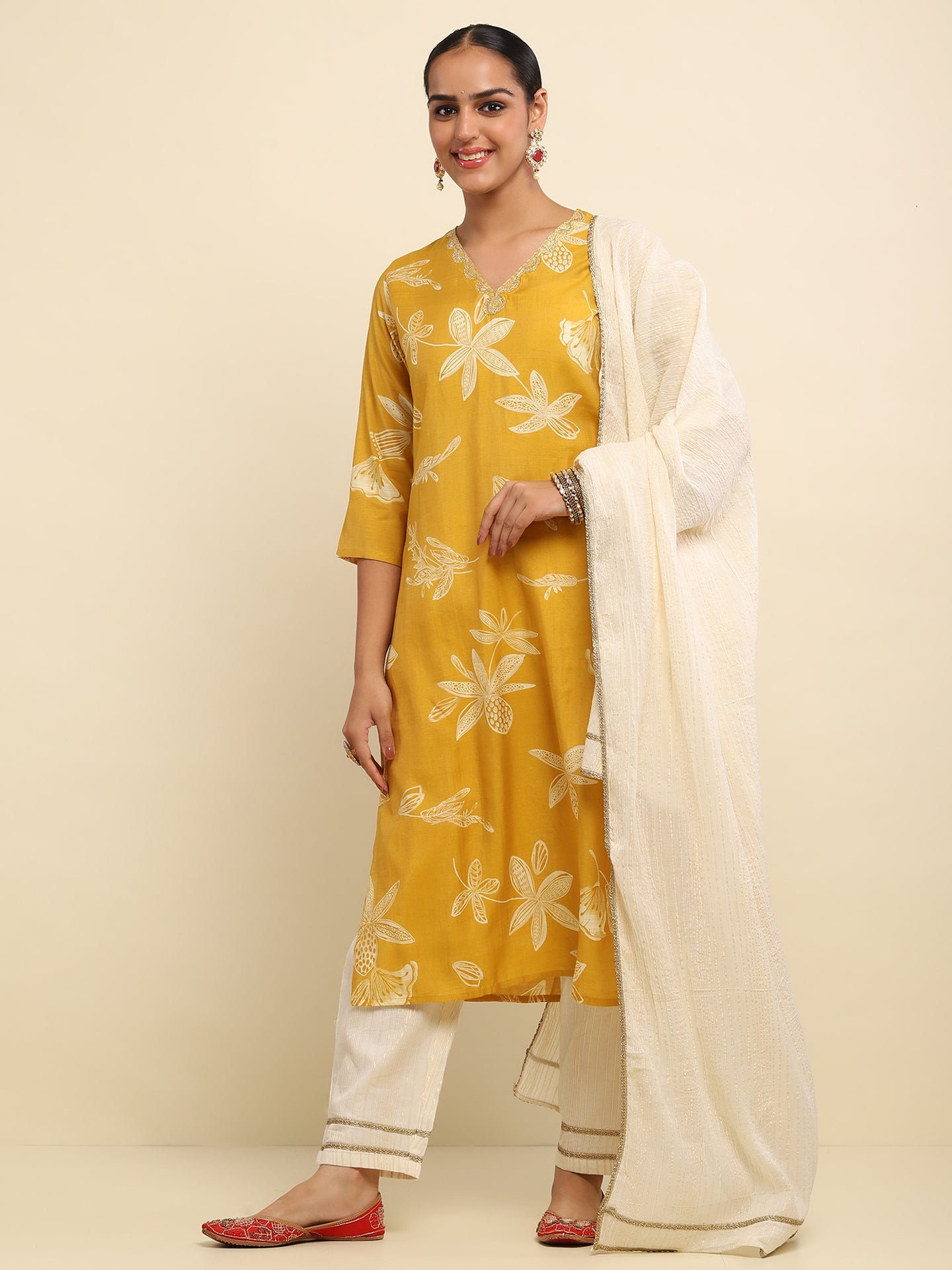 Cotton Embroidered Printed Women's 3 PC Long Kurta Set- Mustard Yellow
