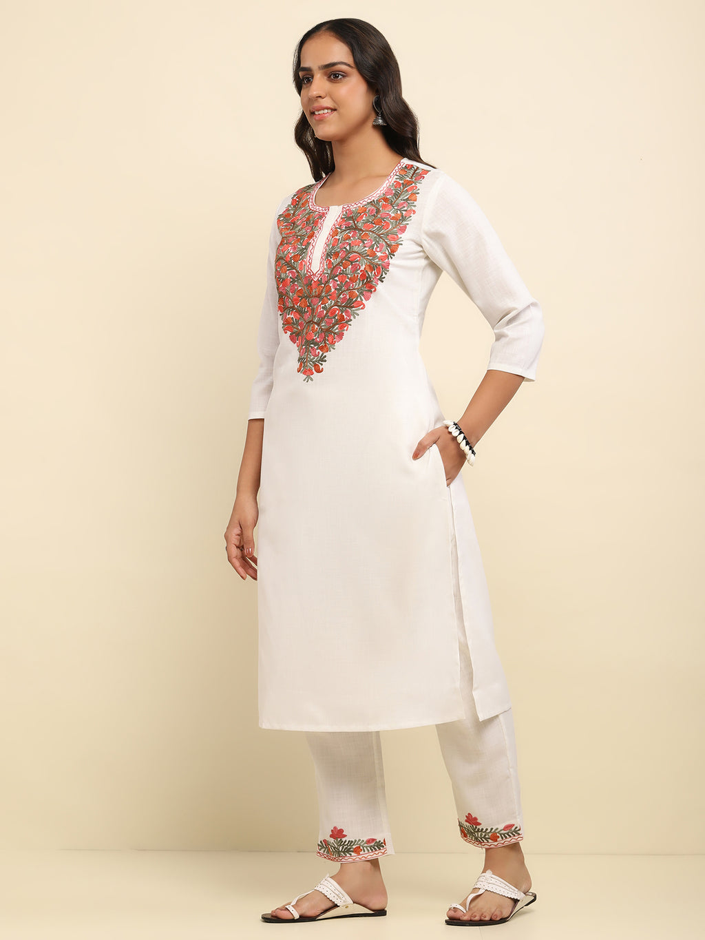 Aari Embroidered Cotton Solid Women's 2 PC Long Kurta Set- White