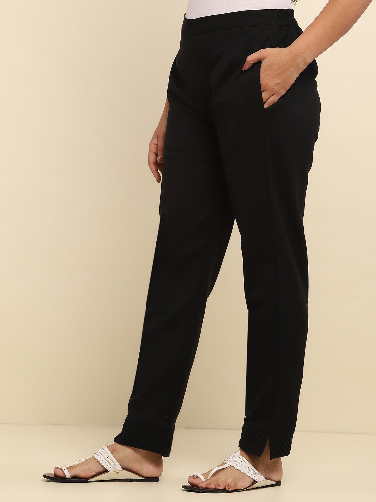 Cotton Pintex Solid Women's Pant - Black