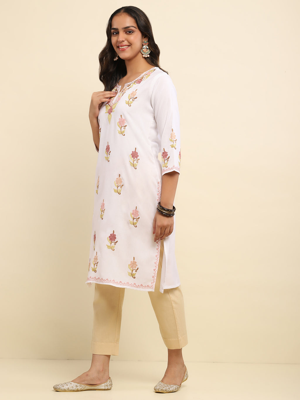 Aari Embroidered Cotton Solid Women's Long Kurta- White