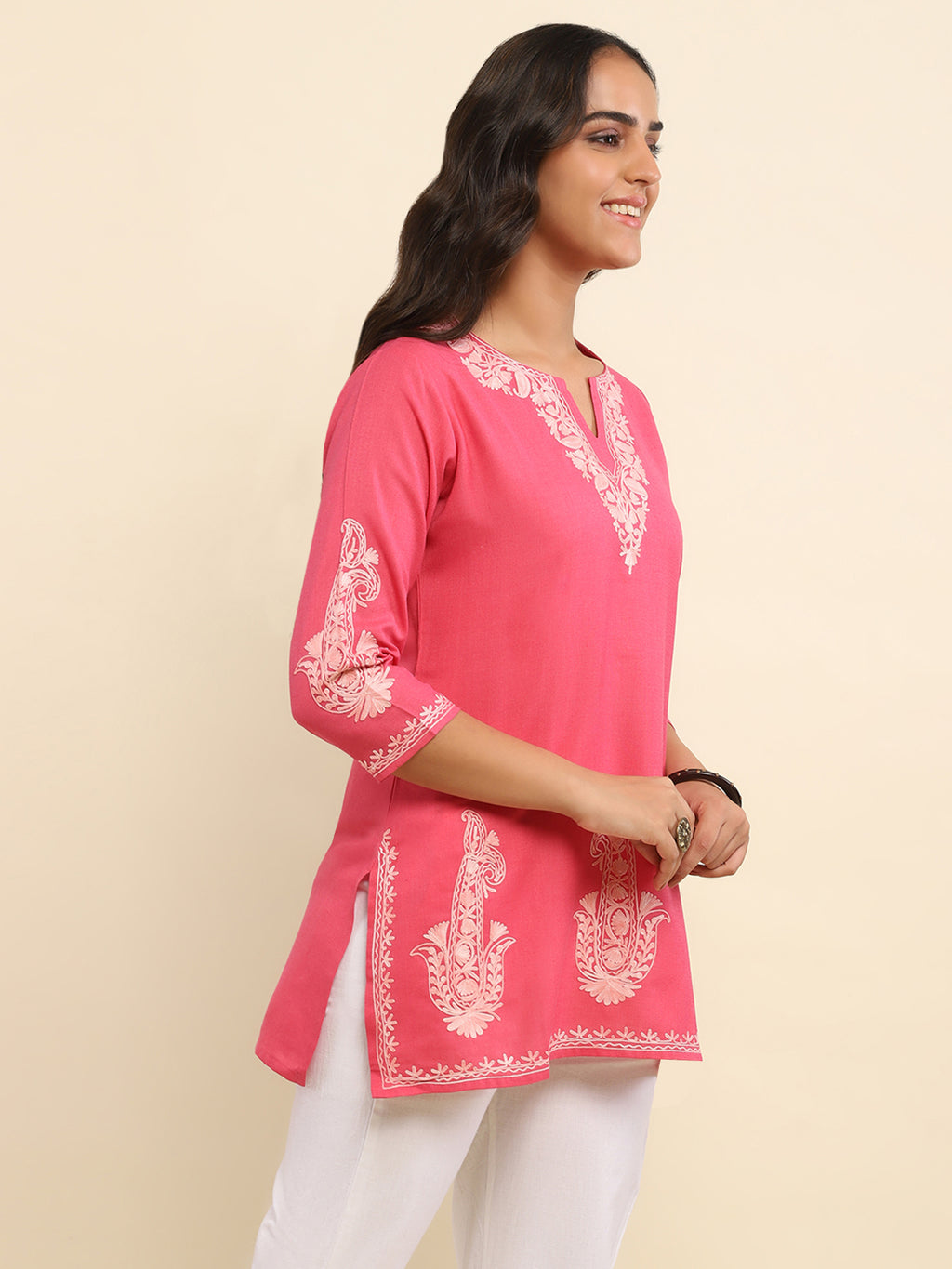 Aari Embroidered Cotton Solid Women's Short Kurta - Pink