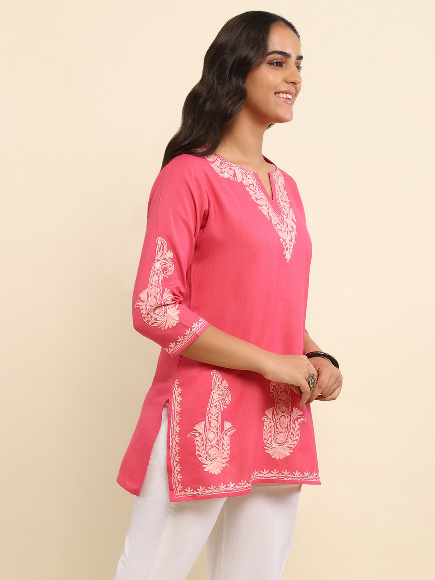 Aari Embroidered Cotton Solid Women's Short Kurta - Pink