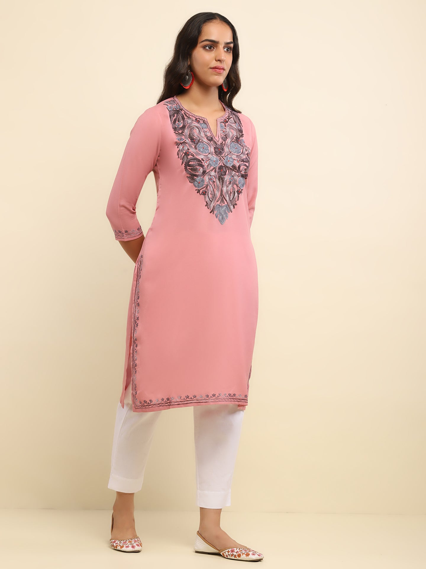 Aari Embroidered Cotton Solid Women's Long Kurta- Dusty Pink