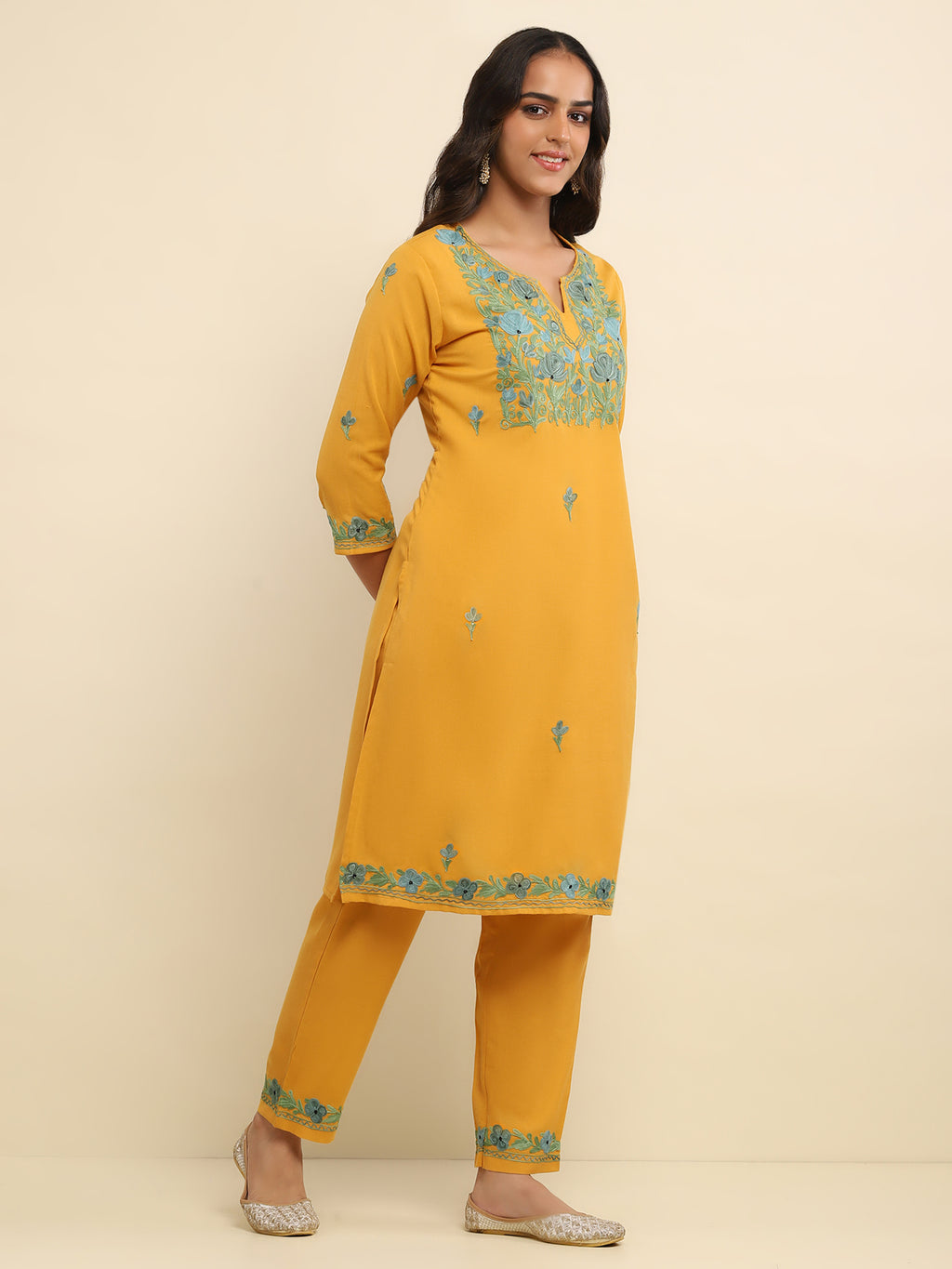 Aari Embroidered Cotton Solid Women's 2 PC Long Kurta Set- Mustard Yellow