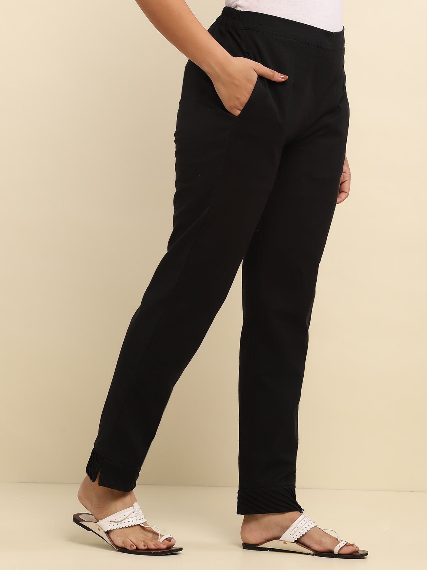 Cotton Pintex Solid Women's Pant - Black