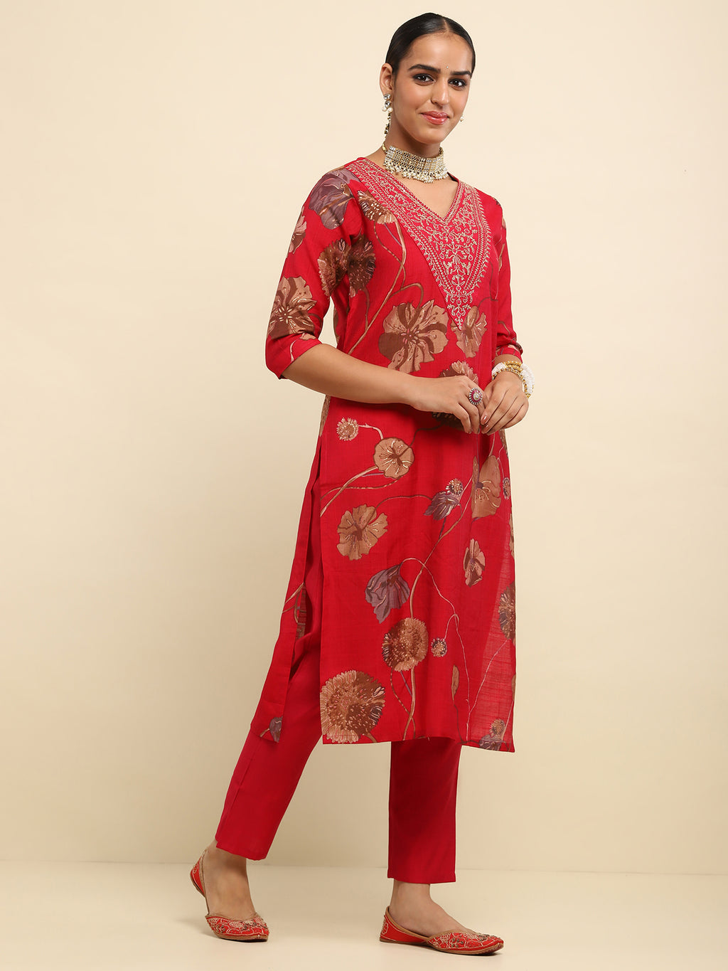 Cotton Embroidered Printed Women's 3 PC Long Kurta Set- Red
