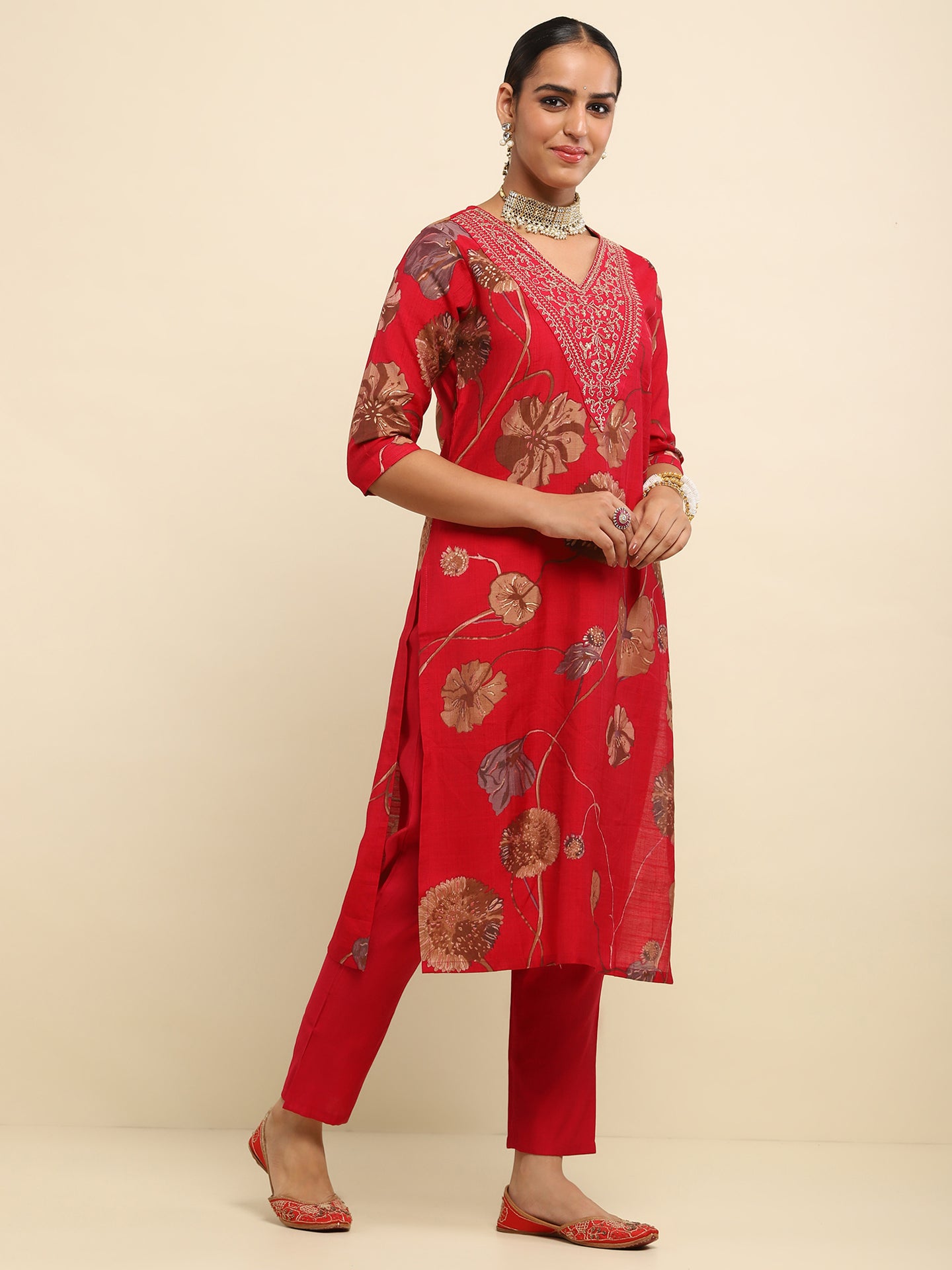 Cotton Embroidered Printed Women's 3 PC Long Kurta Set- Red