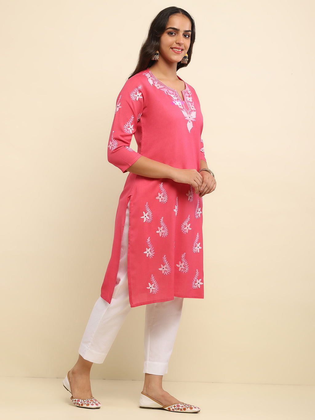 Aari Embroidered Cotton Solid Women's Long Kurta Kurta- Dark Pink