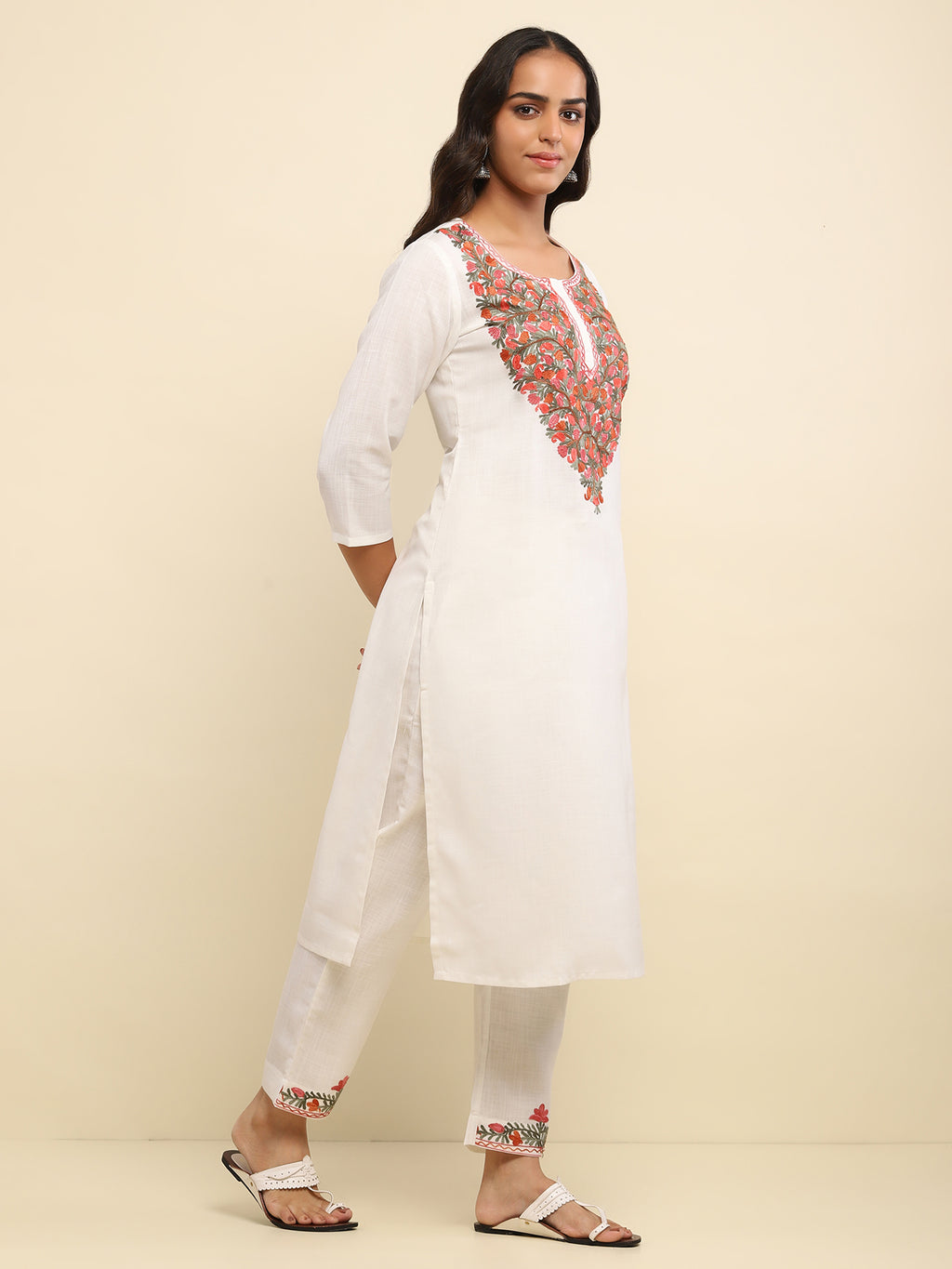 Aari Embroidered Cotton Solid Women's 2 PC Long Kurta Set- White