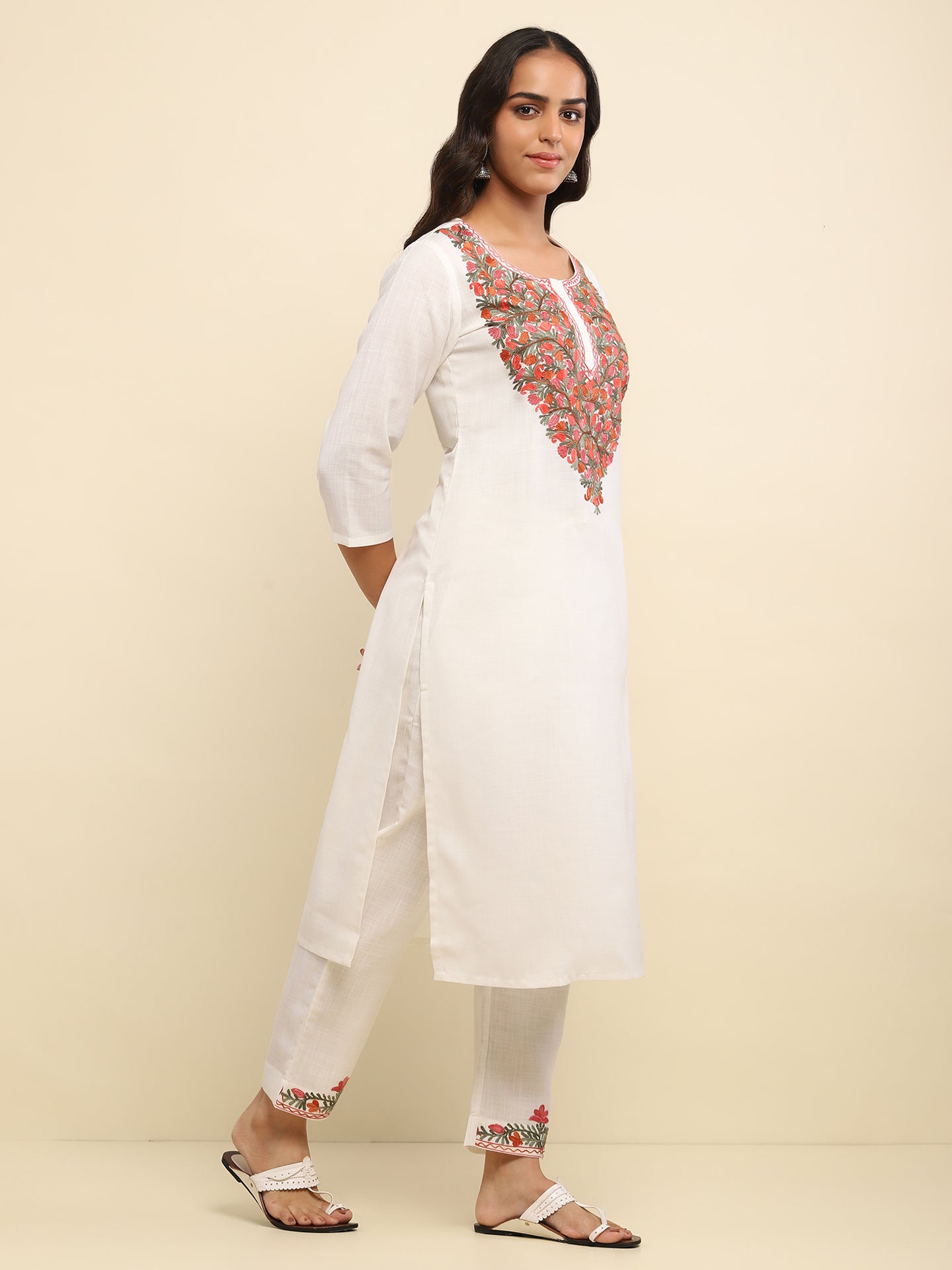 Aari Embroidered Cotton Solid Women's 2 PC Long Kurta Set- White