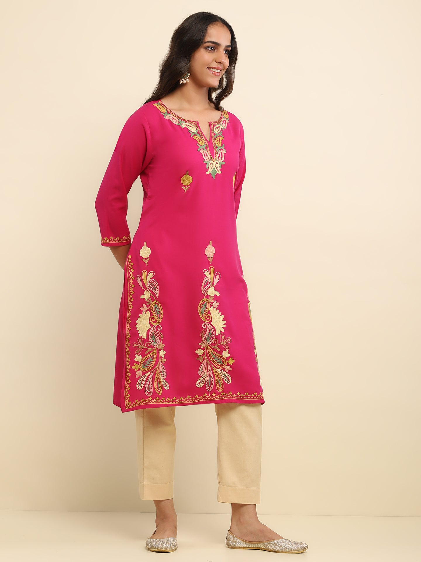 Aari Embroidered Cotton Solid Women's Long Kurta- Fuchsia Pink