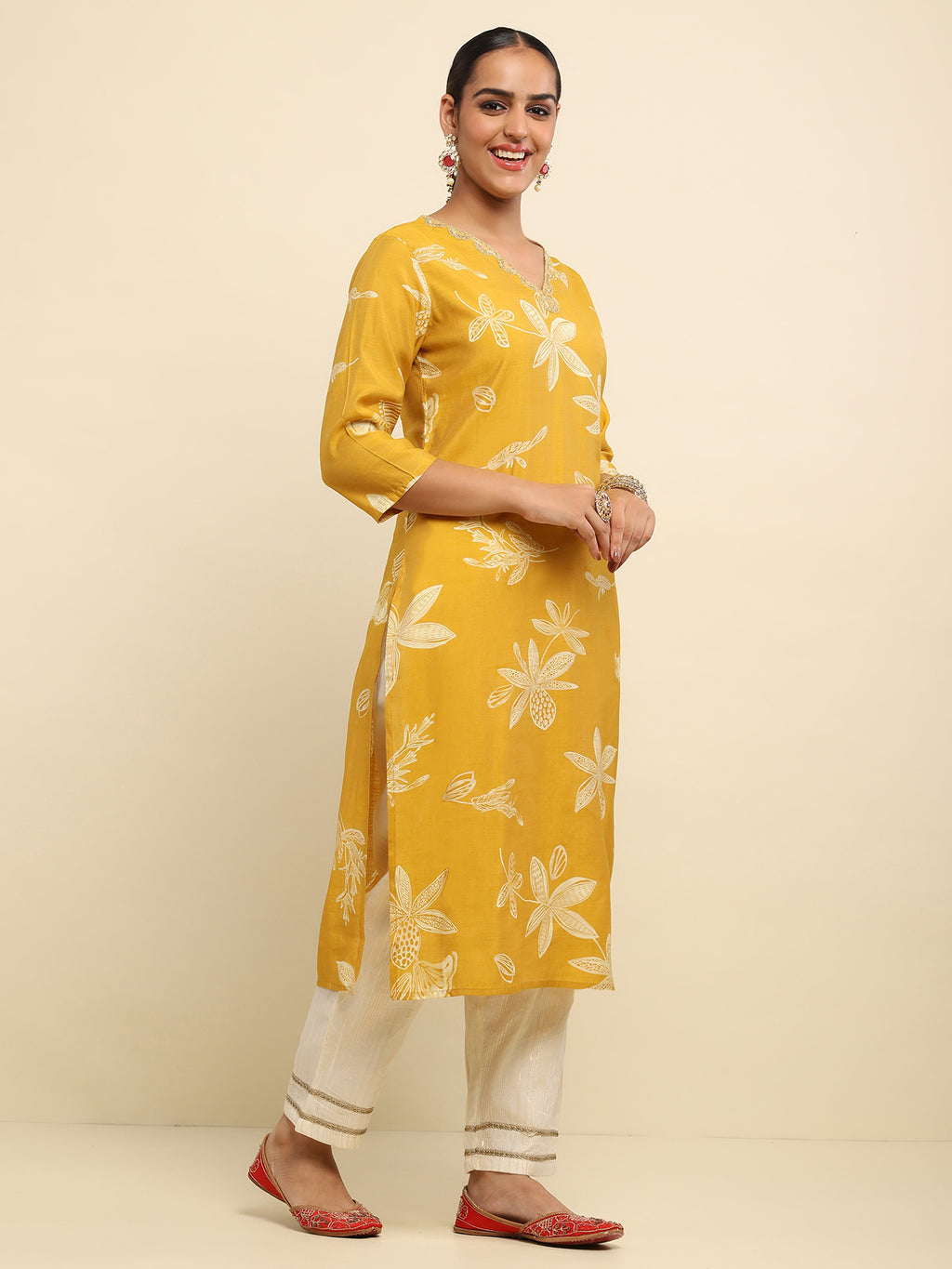 Cotton Embroidered Printed Women's 3 PC Long Kurta Set- Mustard Yellow