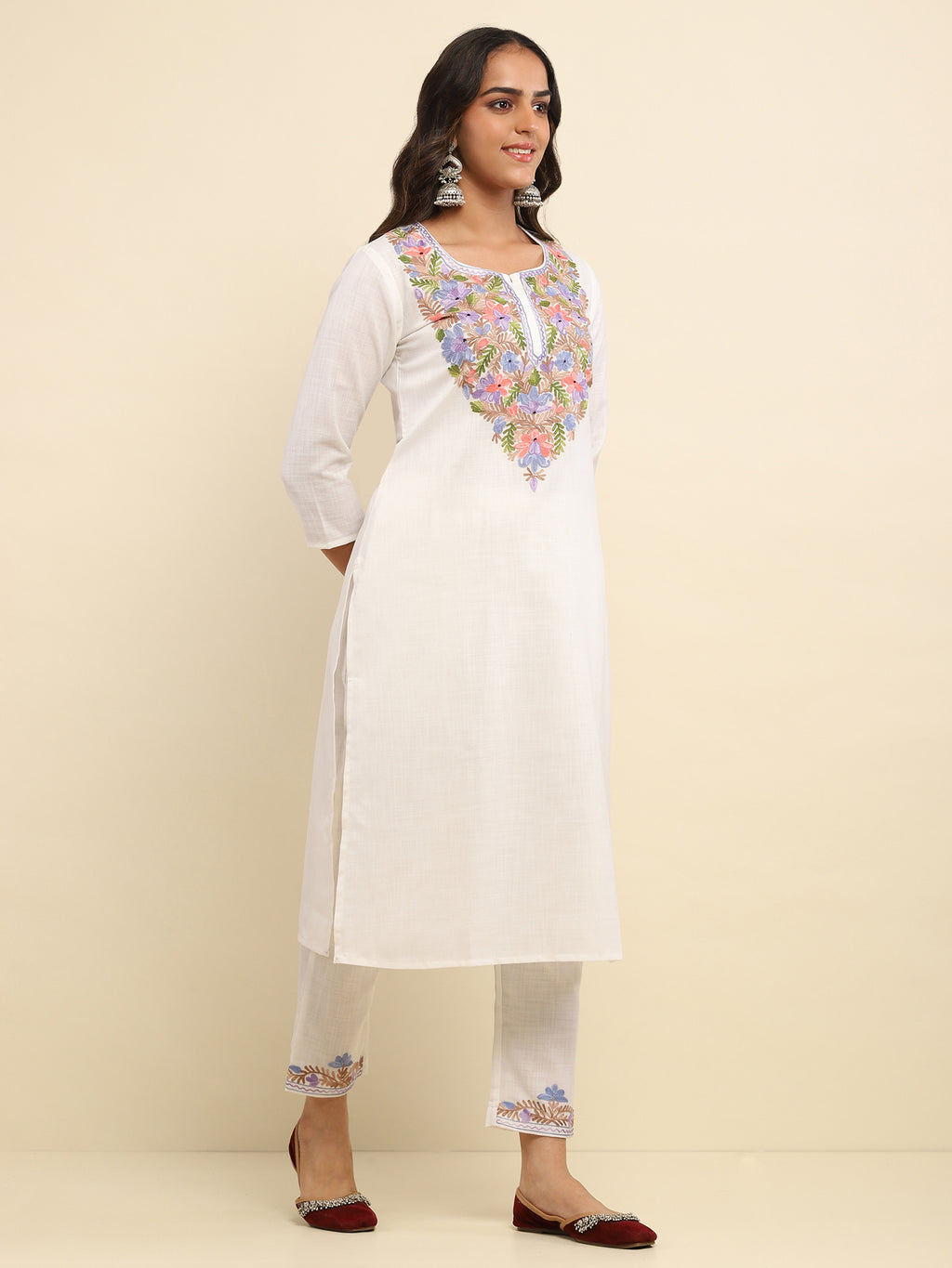 Aari Embroidered Cotton Solid Women's 2 PC Long Kurta Set- White