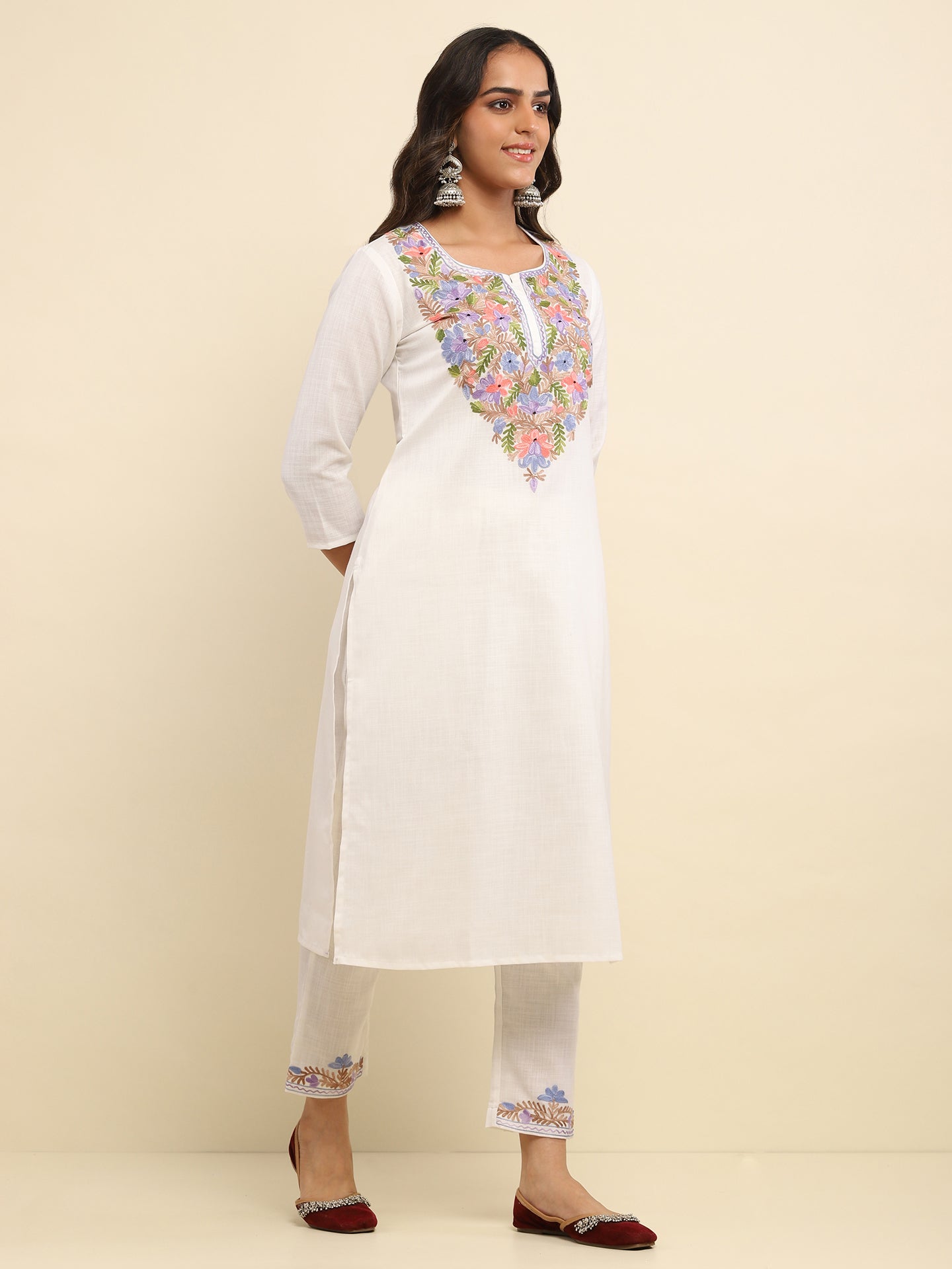Aari Embroidered Cotton Solid Women's 2 PC Long Kurta Set- White