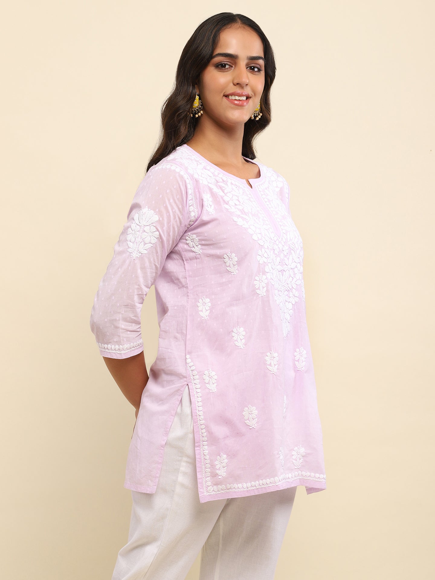 Cotton Chikankari Solid Women's Short Kurta- Lavender